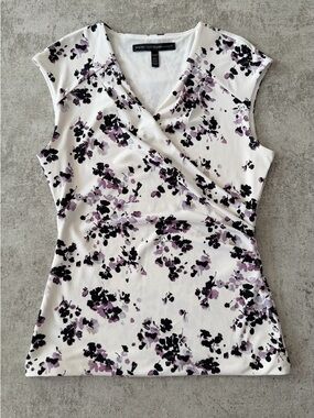 White House Black Market Floral Faux-Wrap Cap Sleeve Top